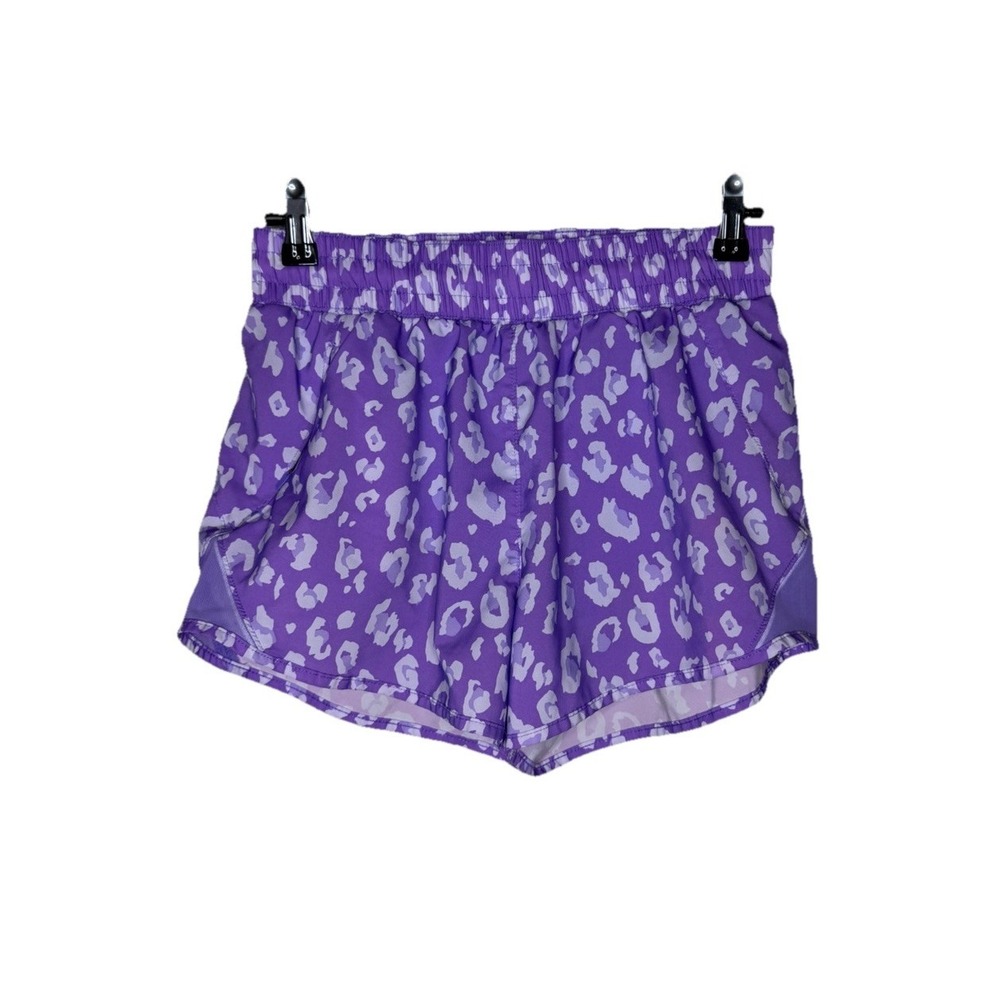 All in Motion Mid-Rise Run Shorts Purple Leopard Zip Pocket Lined Reflective XS